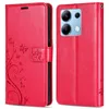 A red flip wallet case for a Xiaomi Redmi Note 13 4G is shown, with the case open and closed. Produktbild-Vorschau