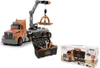 A toy construction truck with a crane and a toolbox with tools, next to its packaging. Produktbild-Vorschau