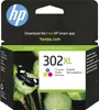 The image shows the packaging of an HP 302 XL tri-color ink cartridge, featuring a butterfly on lotus seed pods. Produktbild-Vorschau