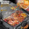 A close-up, angled view of a large charcoal grill filled with various foods being cooked, with an inset showing a pizza on a pizza stone. Produktbild-Vorschau