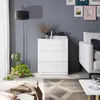 A modern living room scene featuring a white dresser, a floor lamp, plants, and a sofa. Voir les images du produit
