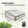 A wooden cold frame with transparent panels, shown with dimensions and weight information. Produktbild-Vorschau