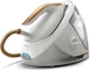 A white and gold steam generator iron from Philips is shown on a white background. Voir les images du produit