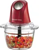 A red Russell Hobbs mini food chopper filled with chopped tomatoes, red onions, and herbs, shown against a white background. Produktbild-Vorschau