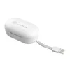 A white JLab JBuds Air True Wireless earbud charging case with a USB cable attached. Produktbild-Vorschau