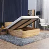 A bedroom scene with a bed with its storage open, a nightstand, a chair, and a bookshelf. Produktbild-Vorschau