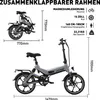 Diagrams and specifications for a foldable electric bicycle. Produktbild-Vorschau