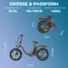A diagram showing the dimensions and specifications of an electric bicycle. Produktbild-Vorschau