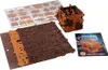 A collection of wooden puzzle box components and instructions laid out on a white surface. Produktbild-Vorschau