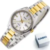 A Casio watch with a silver and gold band and a white face is displayed on a white background, with its branded box nearby. Produktbild-Vorschau