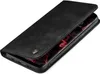 A black flip cover phone case is shown from a diagonal angle, with the cover partially open to reveal a smartphone screen. Produktbild-Vorschau