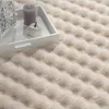A close-up view of a textured cream-colored rug with a white tray containing a candle and a decorative apple. Produktbild-Vorschau
