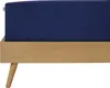 A close-up view of a dark blue fitted sheet on a wooden bed frame. Produktbild-Vorschau
