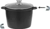 A black cooking pot with a glass lid and silver handle, shown with two detachable gray silicone handles. Anteprima dell’immagine prodotto
