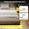 A modern bed with LED lighting underneath, shown in a bedroom setting with illustrative diagrams comparing its design to a normal bed. Podgląd zdjęcia produktu
