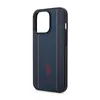 A dark blue iPhone case with red and white stitching and a red polo player logo. Produktbild-Vorschau