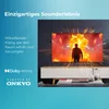A television displaying a movie scene, with text overlays highlighting sound features. Produktbild-Vorschau
