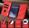 A red wallet phone case for a ZTE Nubia Focus Pro 5G is displayed open, showing card slots and a phone. Smaller inset images highlight features like the wallet, folding layer, embossed design, and stand function. Produktbild-Vorschau
