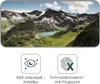 A product image showing a mountain landscape on a screen, with icons and text below describing product features. Produktbild-Vorschau