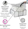 A vacuum storage bag being filled with bedding using a vacuum cleaner, with labels pointing out features. Produktbild-Vorschau