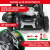 Close-up marketing image of a lawnmower with feature callouts. Produktbild-Vorschau