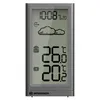 A digital weather station displaying time, date, outdoor and indoor temperatures, and weather icons. Produktbild-Vorschau