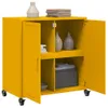 A yellow metal sideboard with its doors open, revealing shelves with decorative items and storage boxes. Anteprima dell’immagine prodotto
