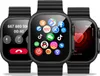 A collage of three smartwatch screens showing different functions: a call screen, an app menu, and a health tracking screen. Anteprima dell’immagine prodotto