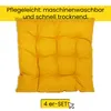 A yellow tufted cushion is shown on a white background, with text overlay and a button at the bottom. Produktbild-Vorschau