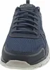 A close-up, front-facing view of a navy blue Skechers sneaker. Voir les images du produit