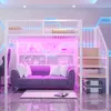 A modern loft bed with a sofa underneath, illuminated by pink and blue LED lights. Náhled obrázku produktu