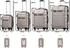 A size chart showing four different sizes of suitcases with their dimensions and liter capacity, along with smaller icons representing sizes S, M, L, and XL. Náhľad obrázku produktu