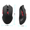 Two views of a black wireless gaming mouse with red accents, with dimensions indicated. Produktbild-Vorschau