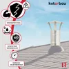 A chimney cap on a roof with various feature icons and text on the left side. Náhled obrázku produktu