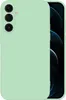 A light green phone case is shown from the back, with the phone's camera array visible on the top left. The right side of the image shows a portion of a smartphone screen with a dark, abstract background. Produktbild-Vorschau
