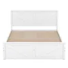 A white wooden bed frame with a slatted base, shown from the front. Produktbild-Vorschau