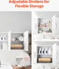 A collage of images showing a white wall-mounted cabinet with its doors open, displaying various bathroom or laundry items like towels, bottles, and decorative balls. One inset image shows a measurement of shelf depth. Podgląd zdjęcia produktu