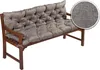 A grey tufted bench cushion on a wooden bench, with a close-up of the fabric texture in a circle. Produktbild-Vorschau