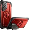 Two red phone cases are displayed against a white background. One case stands upright, showing the back with a camera bump and a circular magnetic attachment. The other case is lying flat, propped up by a kickstand, also showing the back with the magnetic  Náhled obrázku produktu