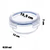 A clear glass food storage container with a blue lid and clips, shown from a slightly elevated diagonal angle. Dimensions are indicated with text overlays. Produktbild-Vorschau