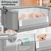 A collage of images showing a baby crib, its features, and a teddy bear. Produktbild-Vorschau