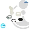 A collection of plumbing parts, including a hose connector, hose clamp, and seals, arranged on a white background. Produktbild-Vorschau