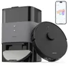A robot vacuum cleaner and its charging/emptying station are displayed next to a smartphone showing the robot's app interface. Produktbild-Vorschau