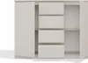 A front view of a beige dresser with two doors and four drawers, shown open. Podgląd zdjęcia produktu