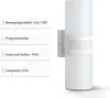 A white LED outdoor wall light with a motion sensor, shown against a white background with feature descriptions on the left. Produktbild-Vorschau