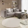A modern living room with a sectional sofa, decorative pillows, a blanket, a round rug, and shelves with decor. Náhľad obrázku produktu