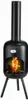 A black outdoor fireplace with a fire burning inside, set against a white background. Produktbild-Vorschau
