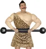 A man in a caveman costume with a fake mustache is holding a barbell. Voir les images du produit