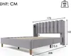 A grey upholstered bed frame with dimensions indicated by measurement lines and numbers. Anteprima dell’immagine prodotto