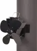 A black four-bladed fan is attached to a dark grey stove pipe. Podgląd zdjęcia produktu